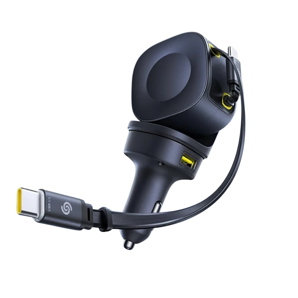 zero2cart 100W cosmic black retractable car charger with 4 ports and USB-C cable for fast charging