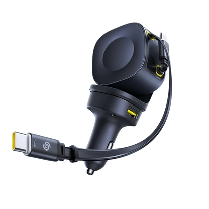 zero2cart 100W cosmic black retractable car charger with 4 ports and USB-C cable for fast charging
