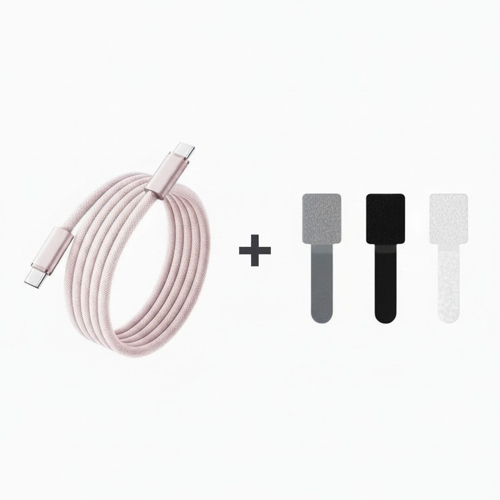 zero2cart 140W USB-C to USB-C fast charging cable in light pink with three included cable management velcro straps