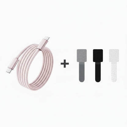 zero2cart 140W USB-C to USB-C fast charging cable in light pink with three included cable management velcro straps