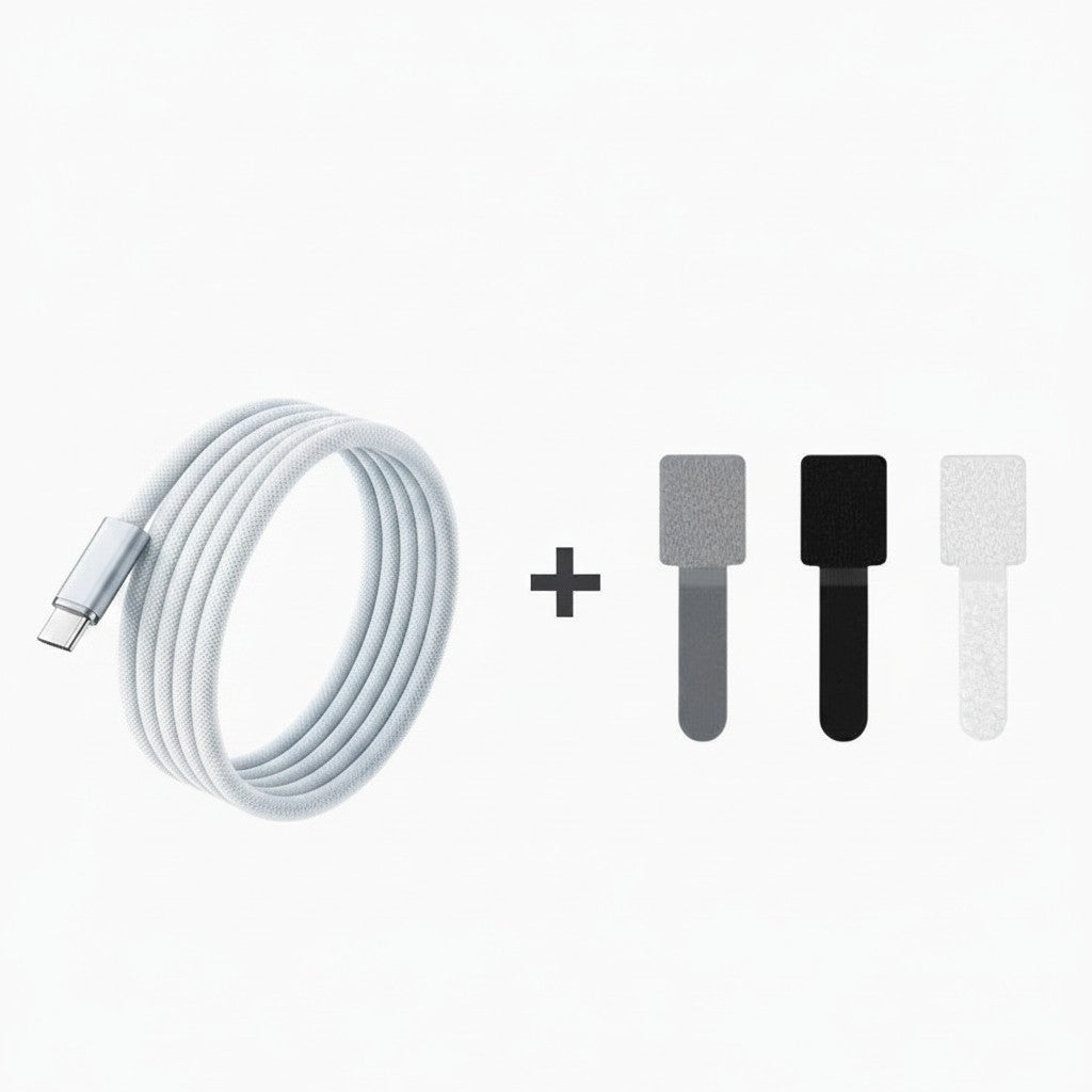 zero2cart 140W USB-C to USB-C fast charging cable in white with three included cable management velcro straps
