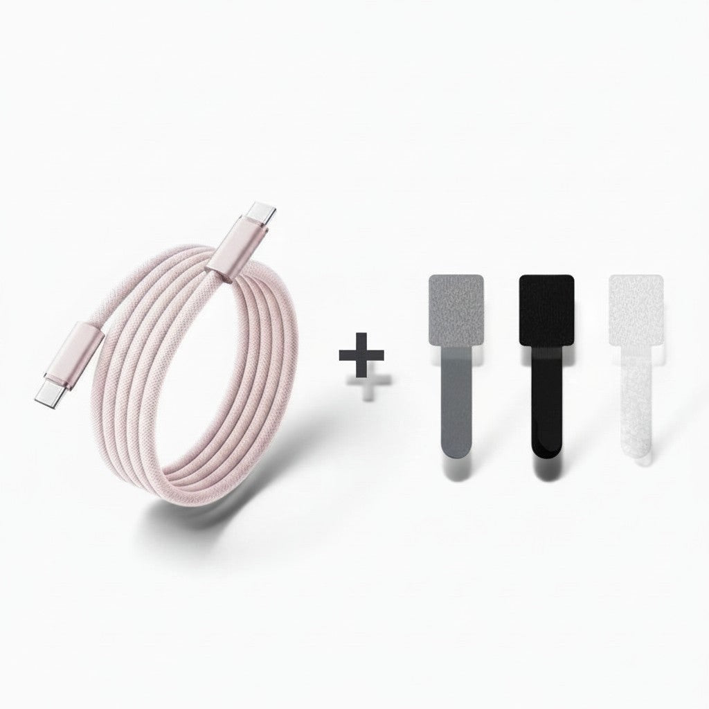 zero2cart 140W USB-C to USB-C fast charging cable in light pink with three included cable management velcro straps