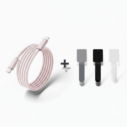 zero2cart 140W USB-C to USB-C fast charging cable in light pink with three included cable management velcro straps