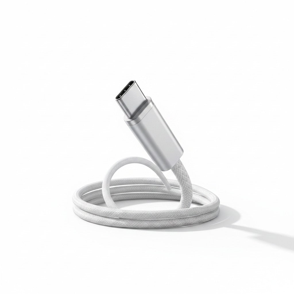 zero2cart 140W USB-C to USB-C fast charging cable with a durable white braided cord and metallic silver connector
