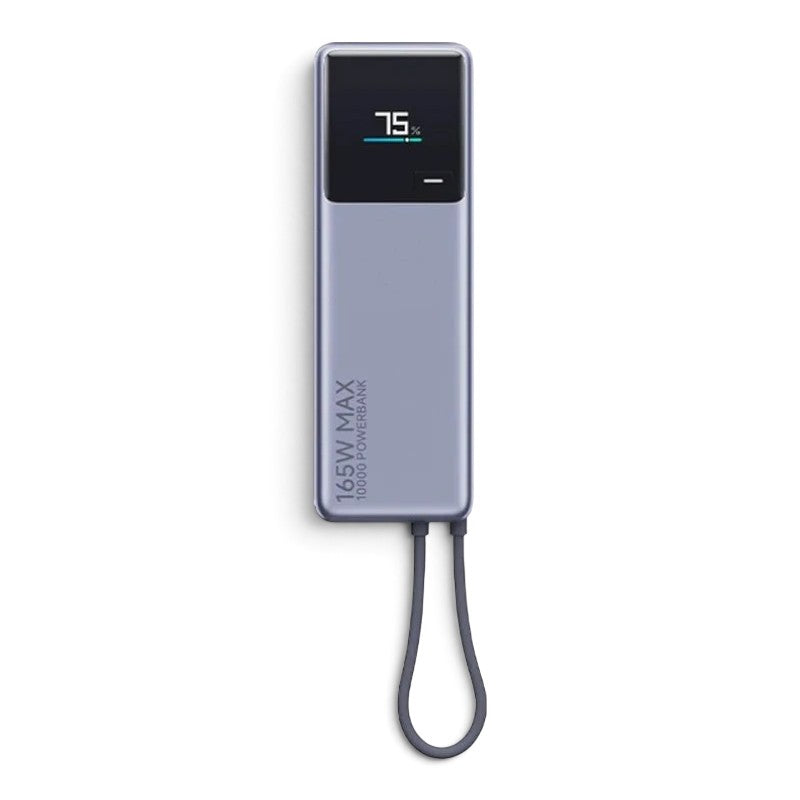 zero2cart 165W portable power bank with digital display and integrated USB-C cable in a sleek grey finish.