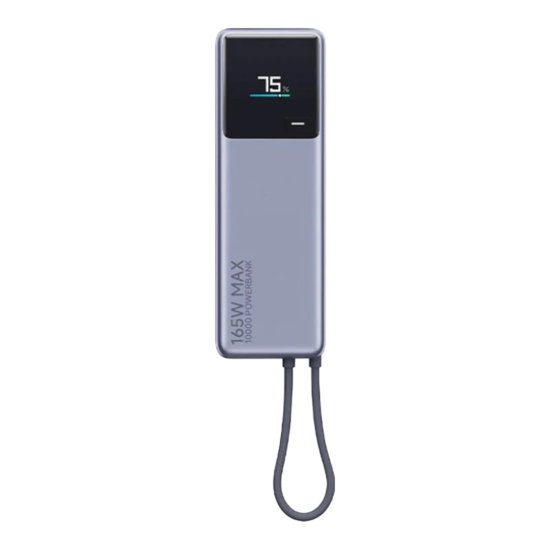 zero2cart 165W portable power bank with digital display and integrated USB-C cable in a sleek grey finish.