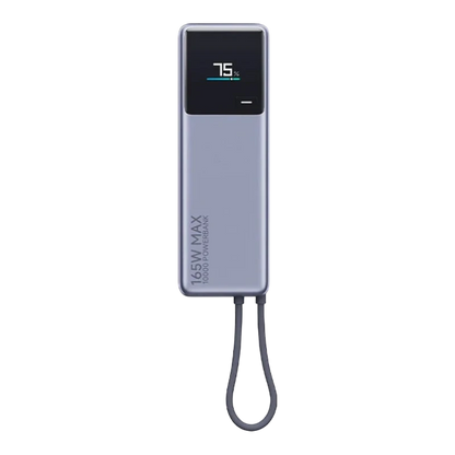 zero2cart 165W portable power bank with digital display and integrated USB-C cable in a sleek grey finish.