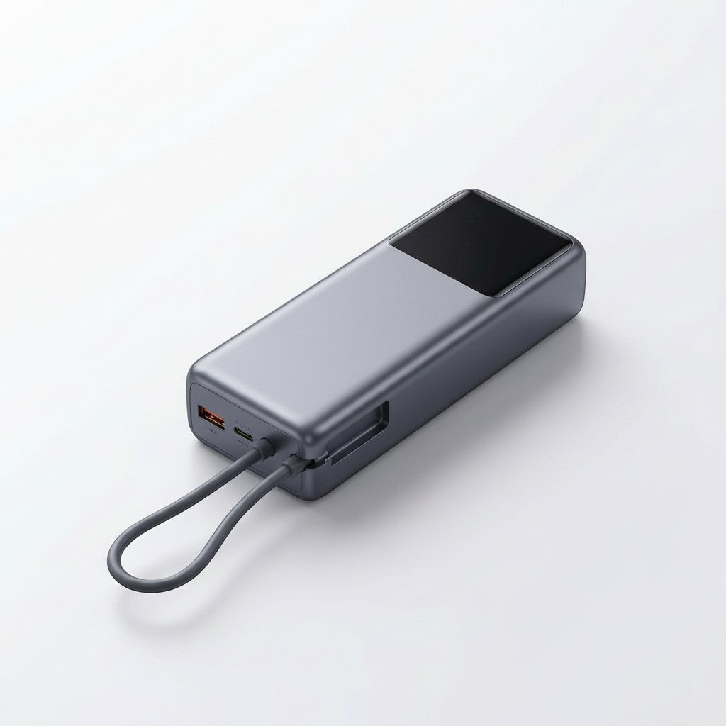 zero2cart 165W portable power bank in grey with a built-in USB-C cable and digital display screen.