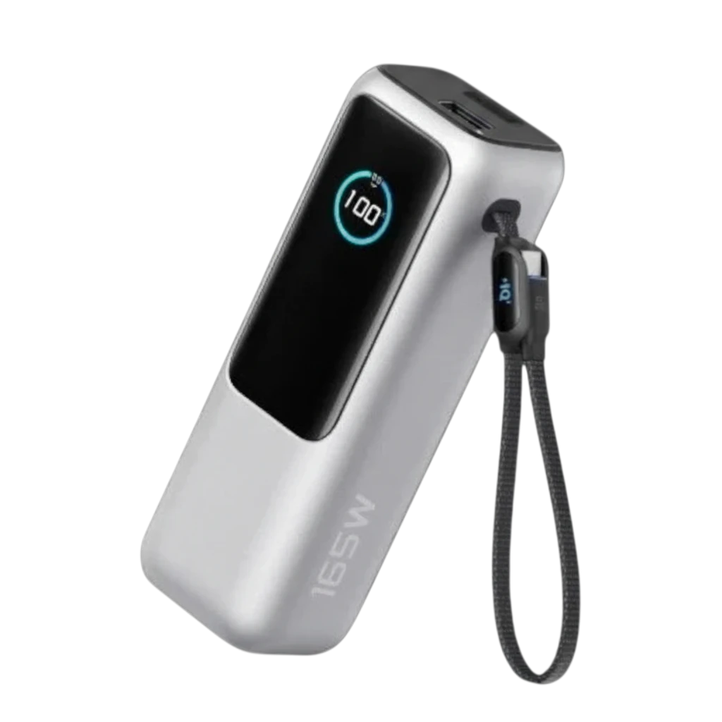 zero2cart 25000mAh 165W portable power bank in silver with a digital battery display and integrated carry strap.