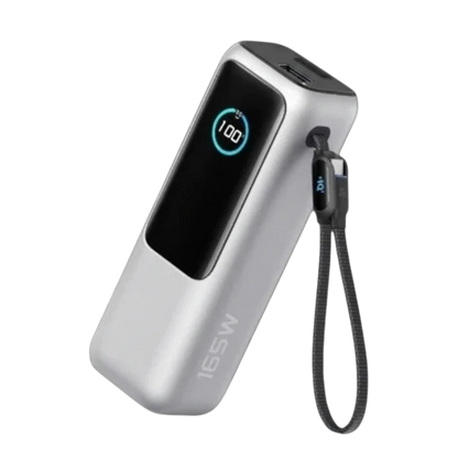 zero2cart 25000mAh 165W portable power bank in silver with a digital battery display and integrated carry strap.