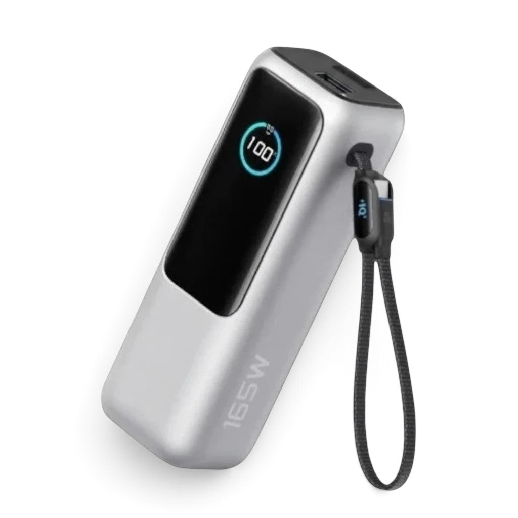 zero2cart 25000mAh 165W portable power bank in silver with a digital battery display and integrated carry strap.