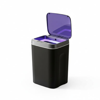 zero2cart 16L touchless sensor trash can in black with a purple translucent lid and internal UV light feature