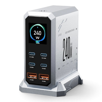 zero2cart 240W GaN desktop charging station with 6 ports, digital display, and ambient light on a black desk.