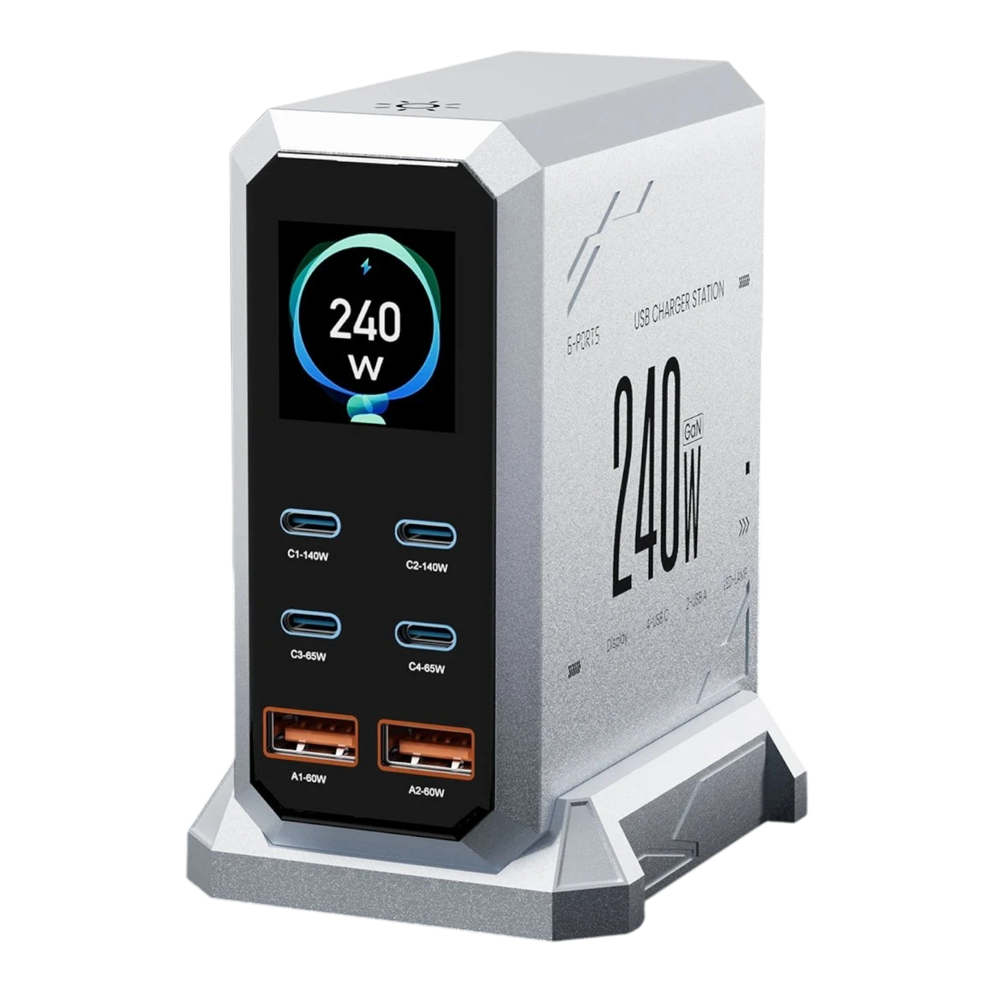 zero2cart 240W GaN desktop charging station with 6 ports, digital display, and ambient light on a black desk.