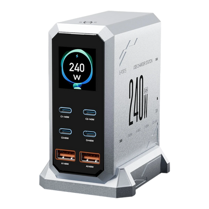 zero2cart 240W GaN desktop charging station with 6 ports, digital display, and ambient light on a black desk.