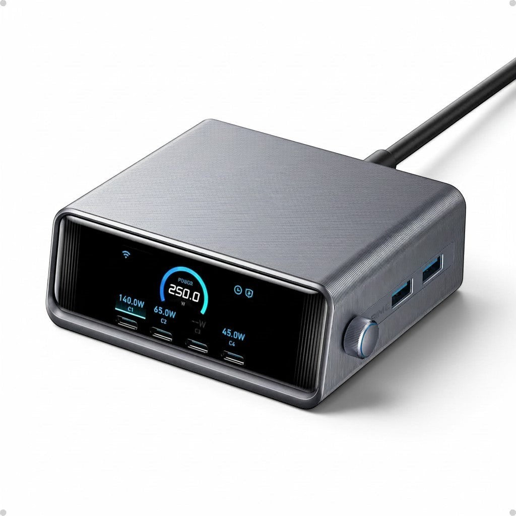 zero2cart 250W 6-port GaN charging station in grey with a digital power display screen and multiple USB ports
