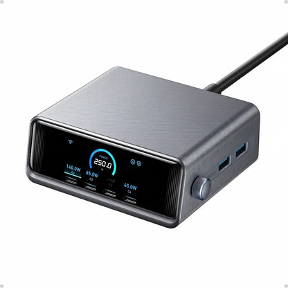 zero2cart 250W 6-port GaN charging station with a digital display screen showing power output in a grey metallic finish