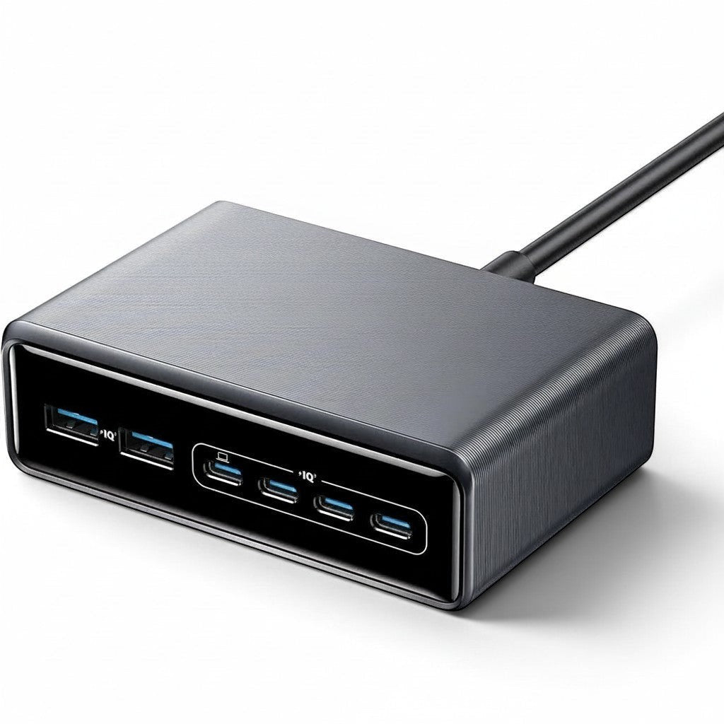 zero2cart 250W 6-port GaN charging station with multiple USB-A and USB-C ports in a sleek dark grey finish