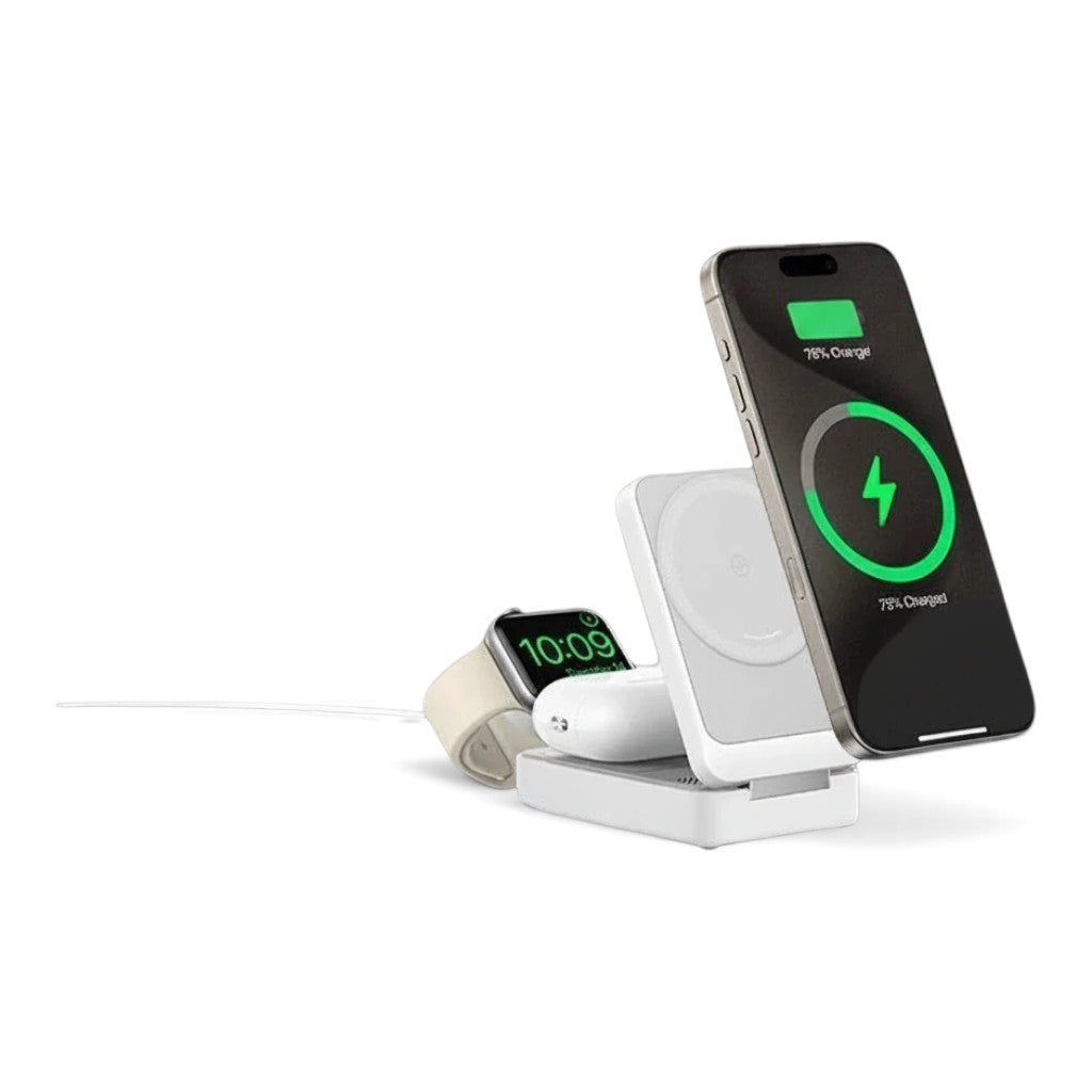 zero2cart 3-in-1 magnetic wireless charging stand in white, charging a smartphone, smartwatch, and wireless earbuds.