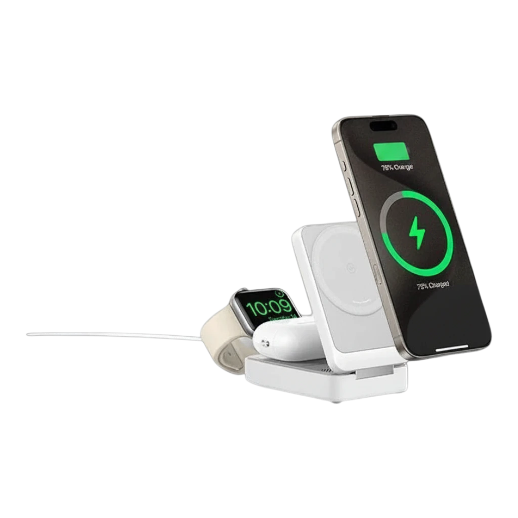 zero2cart 3-in-1 magnetic wireless charging stand in white, charging a smartphone, smartwatch, and wireless earbuds.