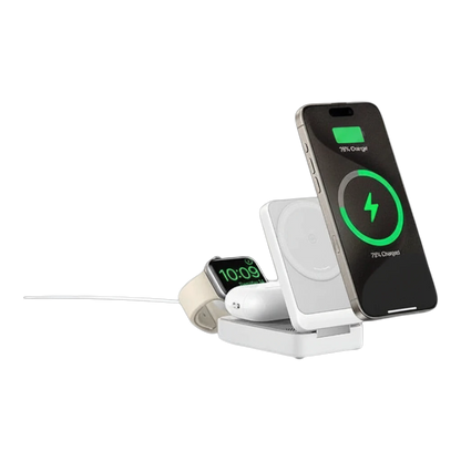 zero2cart 3-in-1 magnetic wireless charging stand in white, charging a smartphone, smartwatch, and wireless earbuds.