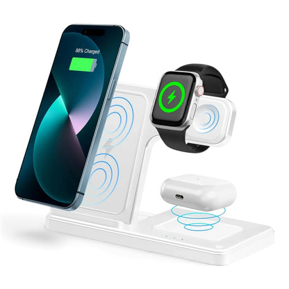 zero2cart white 3-in-1 magnetic wireless charging stand for smartphone, smartwatch, and earbuds on a desk