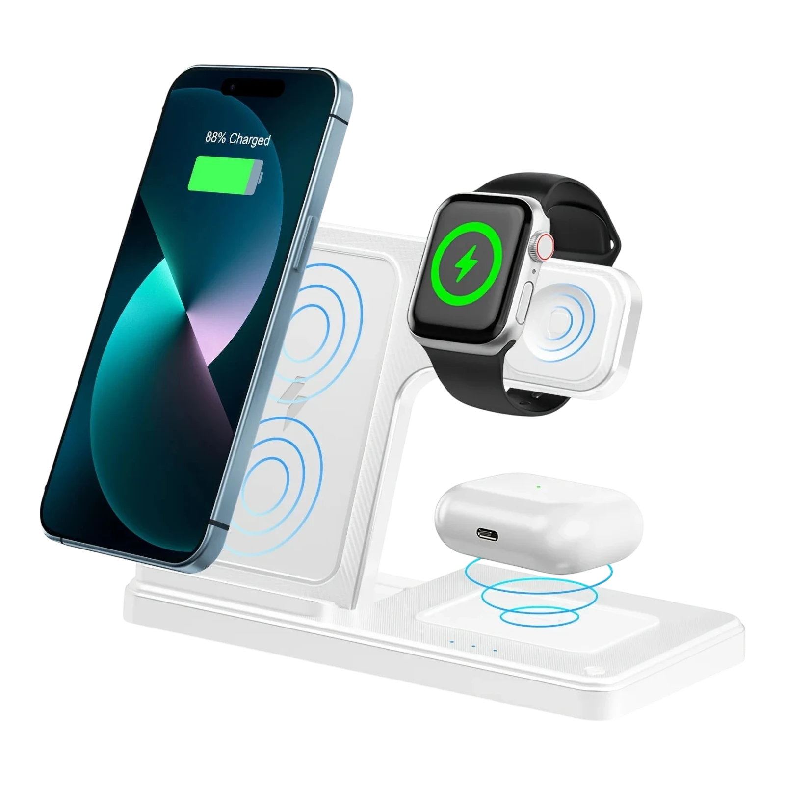 zero2cart white 3-in-1 magnetic wireless charging stand for smartphone, smartwatch, and earbuds on a desk
