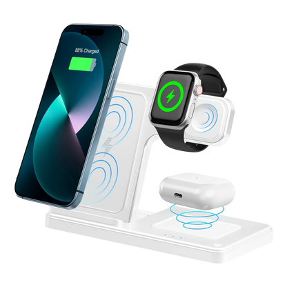 zero2cart white 3-in-1 magnetic wireless charging stand for smartphone, smartwatch, and earbuds on a desk