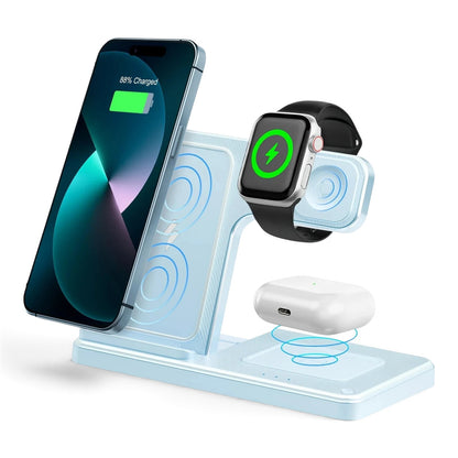 zero2cart 3-in-1 magnetic wireless charging stand in white, charging a smartphone, smartwatch, and earbuds simultaneously.