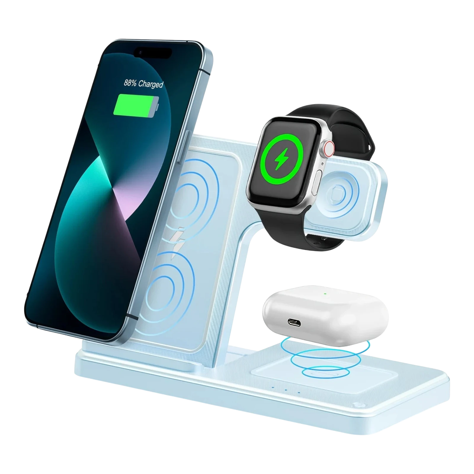 zero2cart 3-in-1 magnetic wireless charging stand in white, charging a smartphone, smartwatch, and earbuds simultaneously.