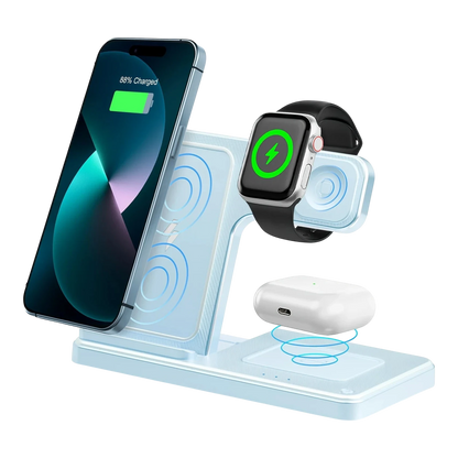 zero2cart 3-in-1 magnetic wireless charging stand in white, charging a smartphone, smartwatch, and earbuds simultaneously.