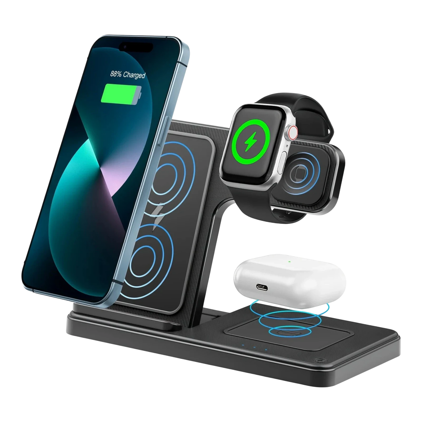 zero2cart 3-in-1 magnetic wireless charging stand in black, charging a smartphone, smartwatch, and earbuds simultaneously.