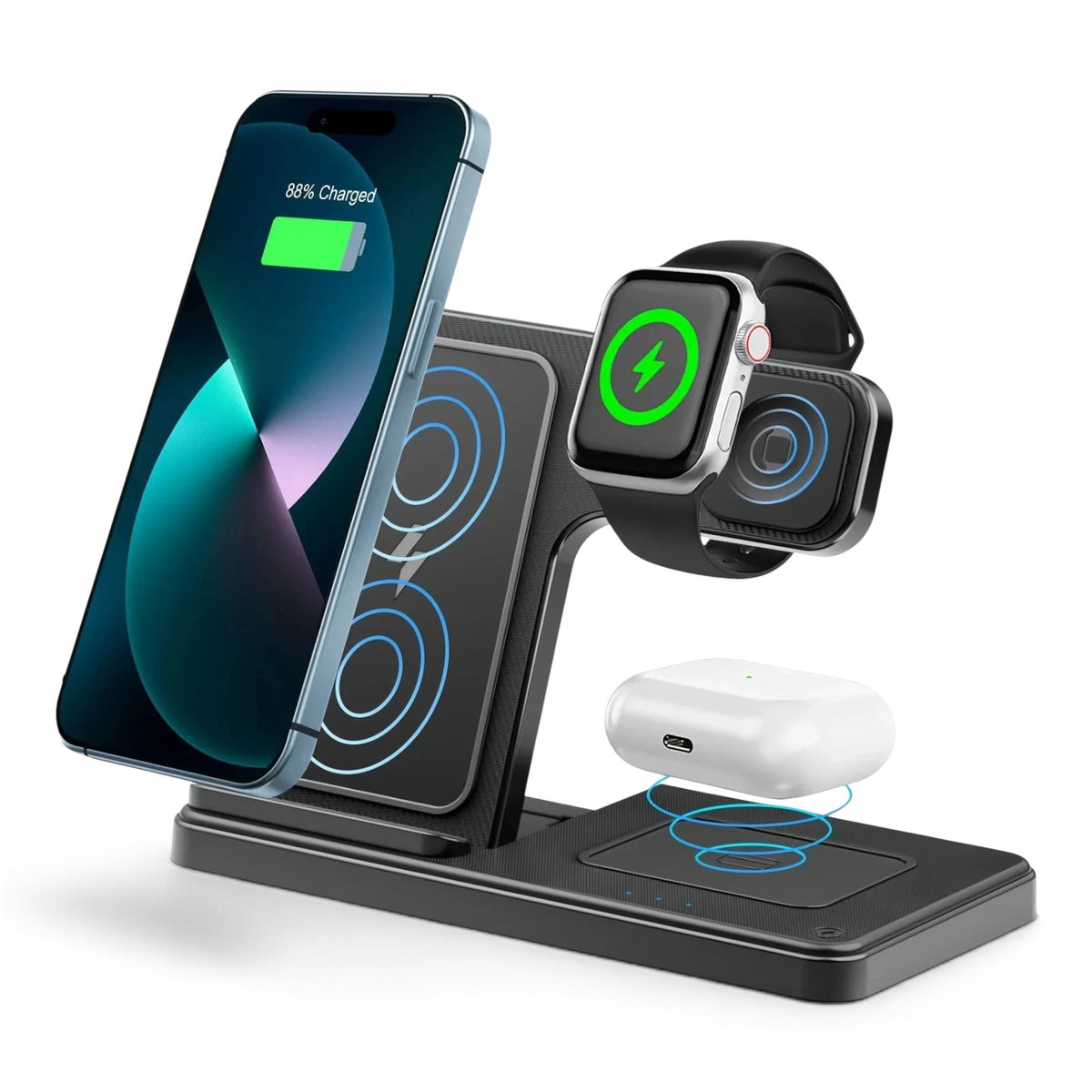 zero2cart 3-in-1 magnetic wireless charging stand in black, charging a smartphone, smartwatch, and earbuds simultaneously.