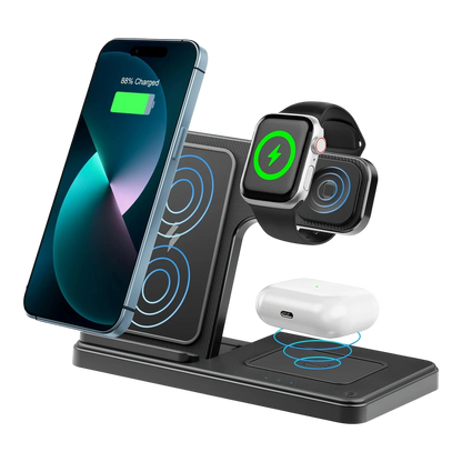 zero2cart 3-in-1 magnetic wireless charging stand in black, charging a smartphone, smartwatch, and earbuds simultaneously.