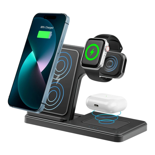 zero2cart 3-in-1 magnetic wireless charging stand in black, charging a smartphone, smartwatch, and earbuds simultaneously.