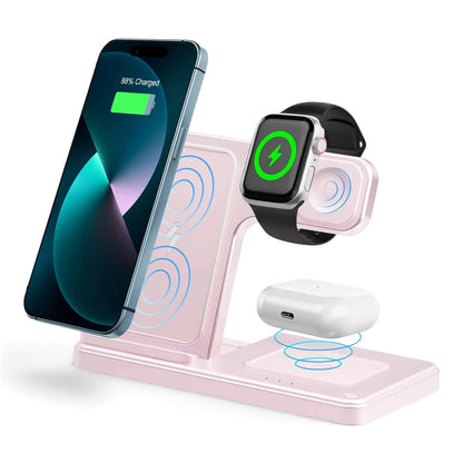 zero2cart 3-in-1 magnetic wireless charging stand in light pink, charging a smartphone, smartwatch, and earbuds.