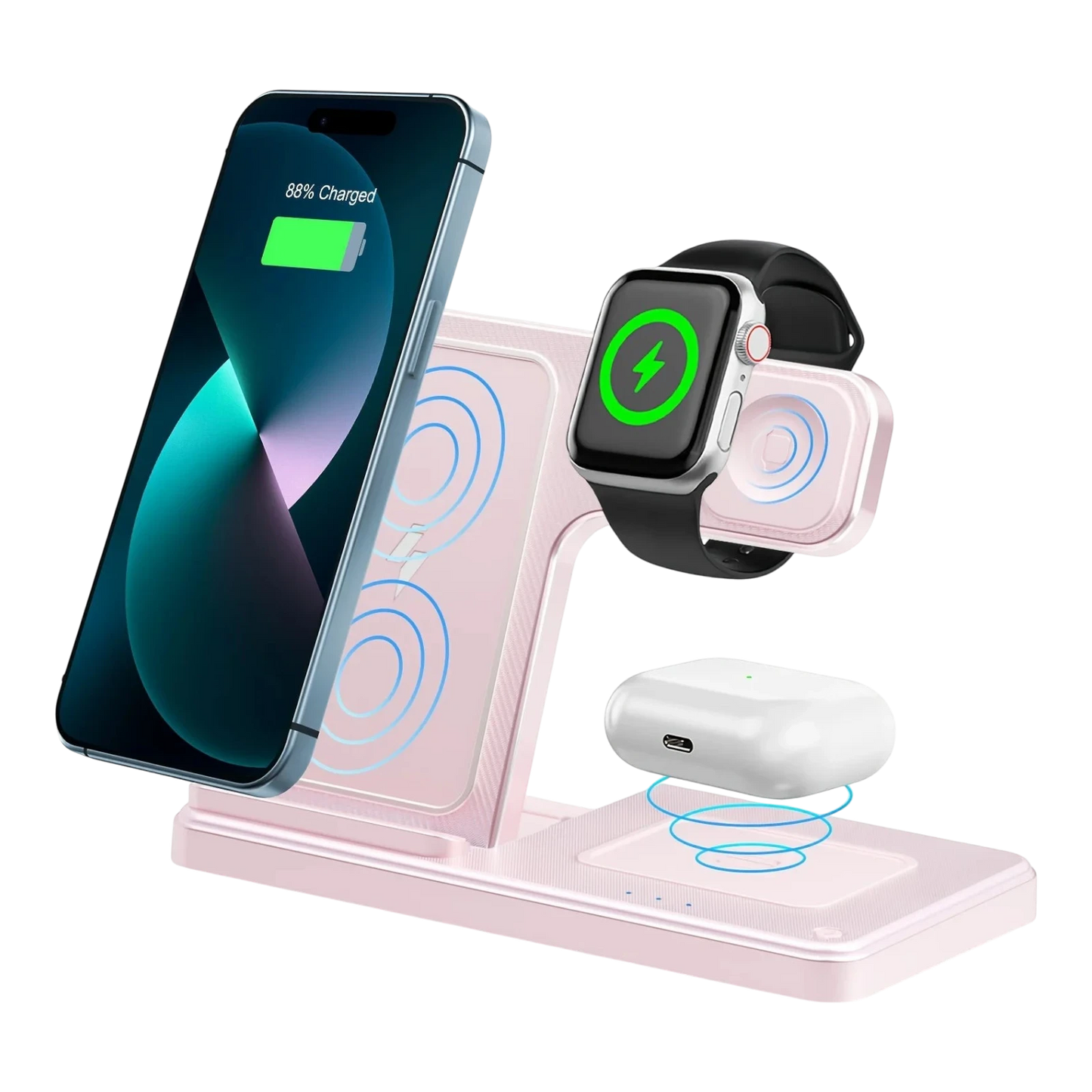zero2cart 3-in-1 magnetic wireless charging stand in light pink, charging a smartphone, smartwatch, and earbuds.