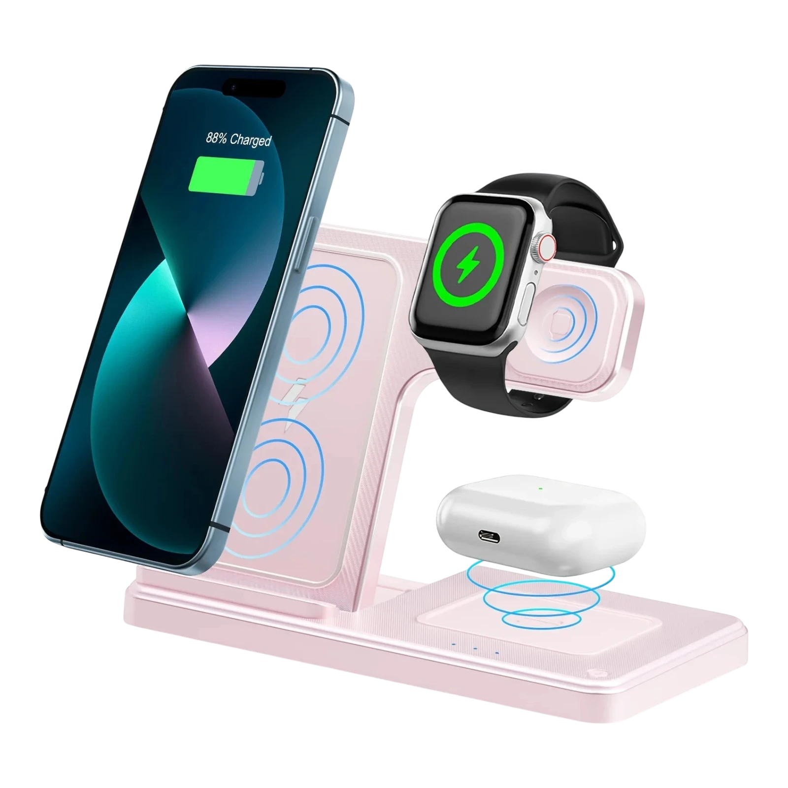 zero2cart 3-in-1 magnetic wireless charging stand in light pink, charging a smartphone, smartwatch, and earbuds.