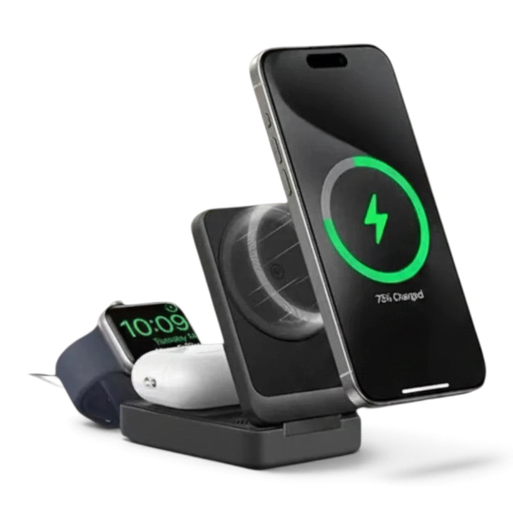 zero2cart 3-in-1 magnetic wireless charging stand holding a smartphone, smartwatch, and wireless earbuds