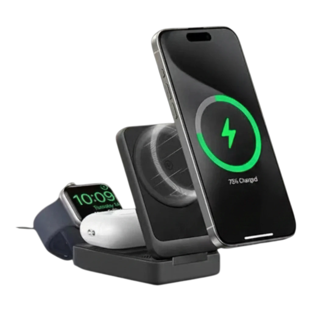 zero2cart 3-in-1 magnetic wireless charging stand holding a smartphone, smartwatch, and wireless earbuds