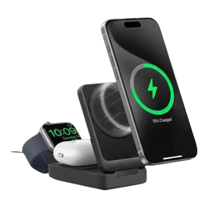 zero2cart 3-in-1 magnetic wireless charging stand holding a smartphone, smartwatch, and wireless earbuds