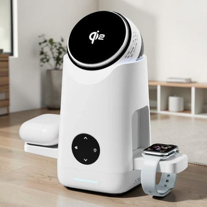 zero2cart 3-in-1 magnetic wireless charging station in white, featuring rotating phone mount, watch, and earbud dock.