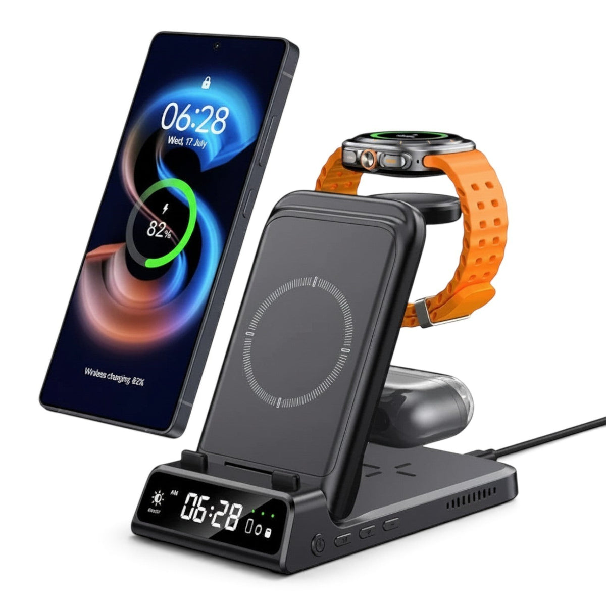 zero2cart 3-in-1 foldable wireless charging station with digital clock, charging a smartphone, smartwatch, and earbuds.