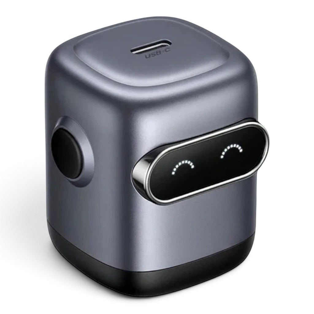 zero2cart 30W GaN USB-C fast charger in metallic grey with a cute robot-inspired face design on a black background