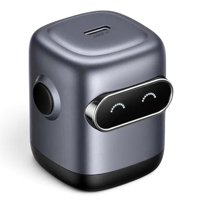 zero2cart 30W GaN USB-C fast charger in metallic grey with a cute robot-inspired face design on a black background