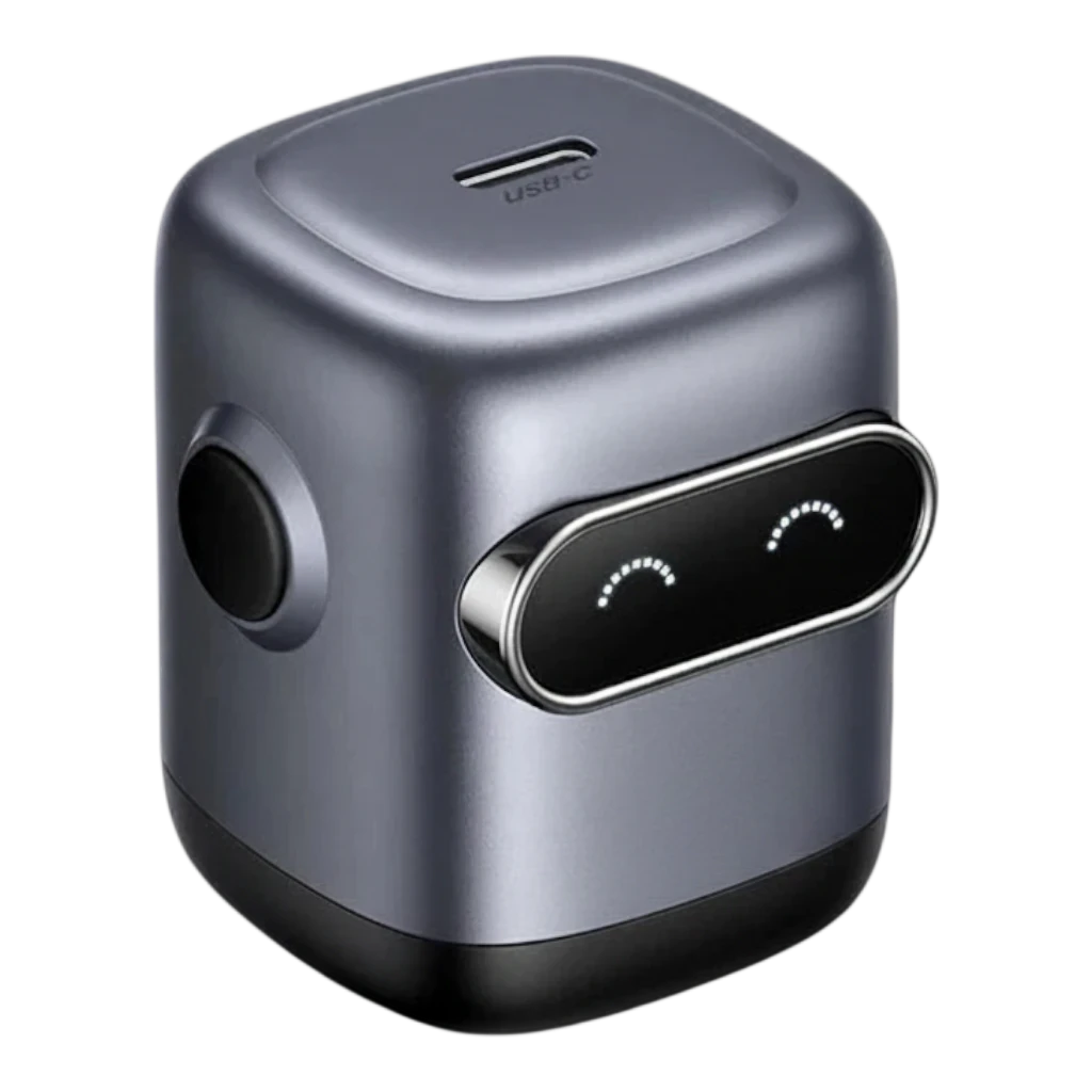zero2cart 30W GaN USB-C fast charger in metallic grey with a cute robot-inspired face design on a black background
