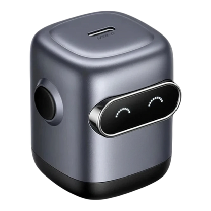 zero2cart 30W GaN USB-C fast charger in metallic grey with a cute robot-inspired face design on a black background