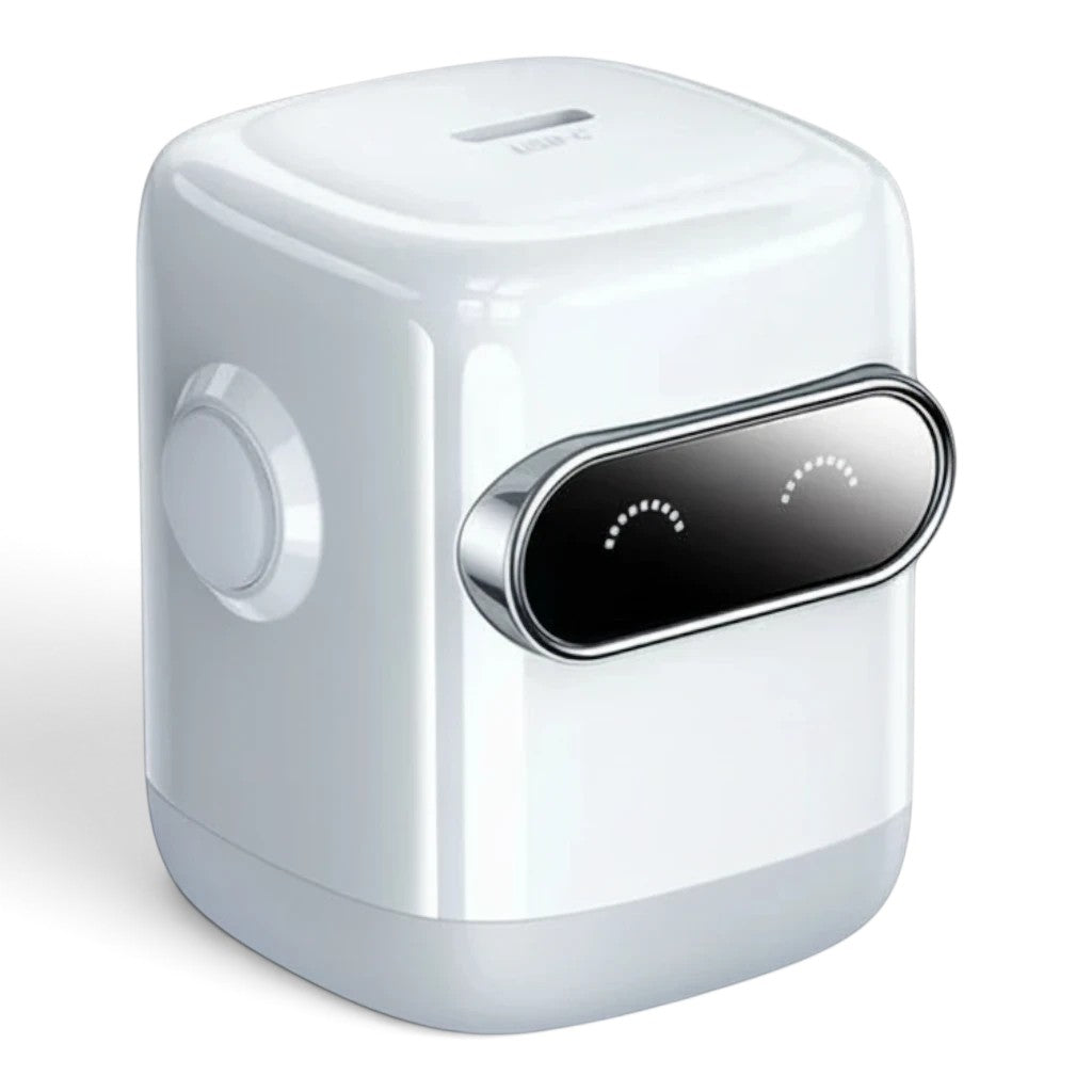 zero2cart 30W GaN USB-C fast charger in a compact white robot-inspired design with a digital display face