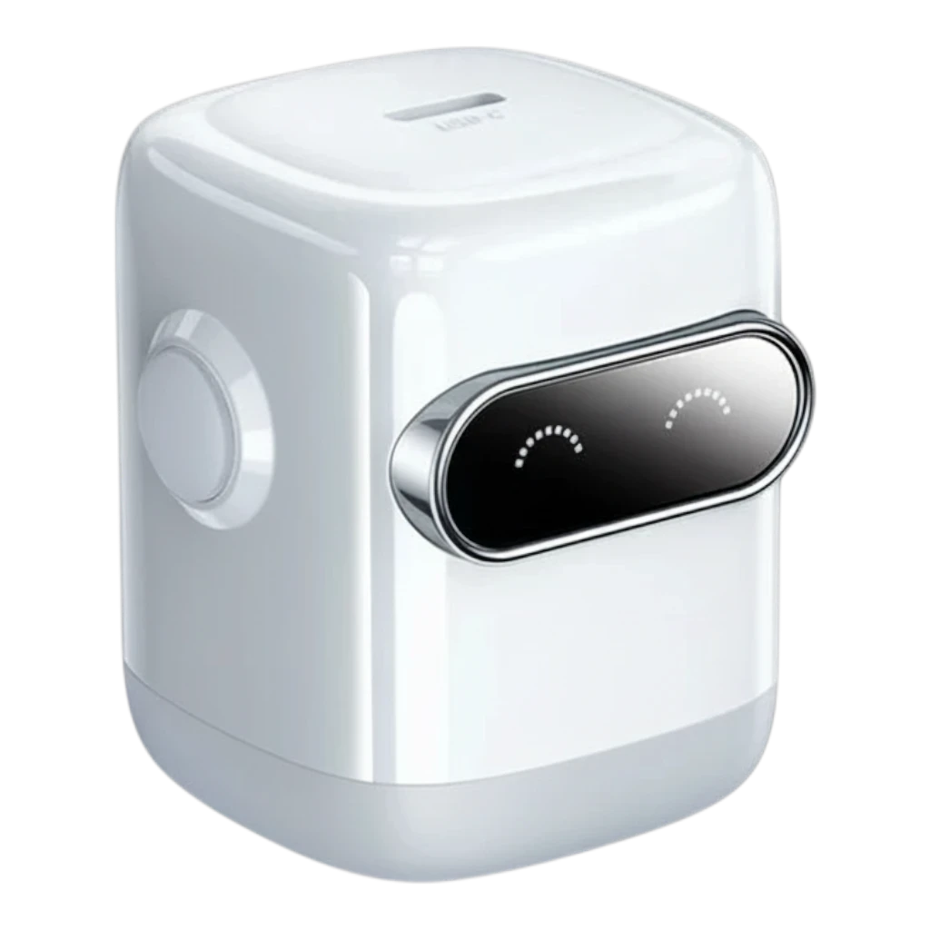 zero2cart 30W GaN USB-C fast charger in a compact white robot-inspired design with a digital display face
