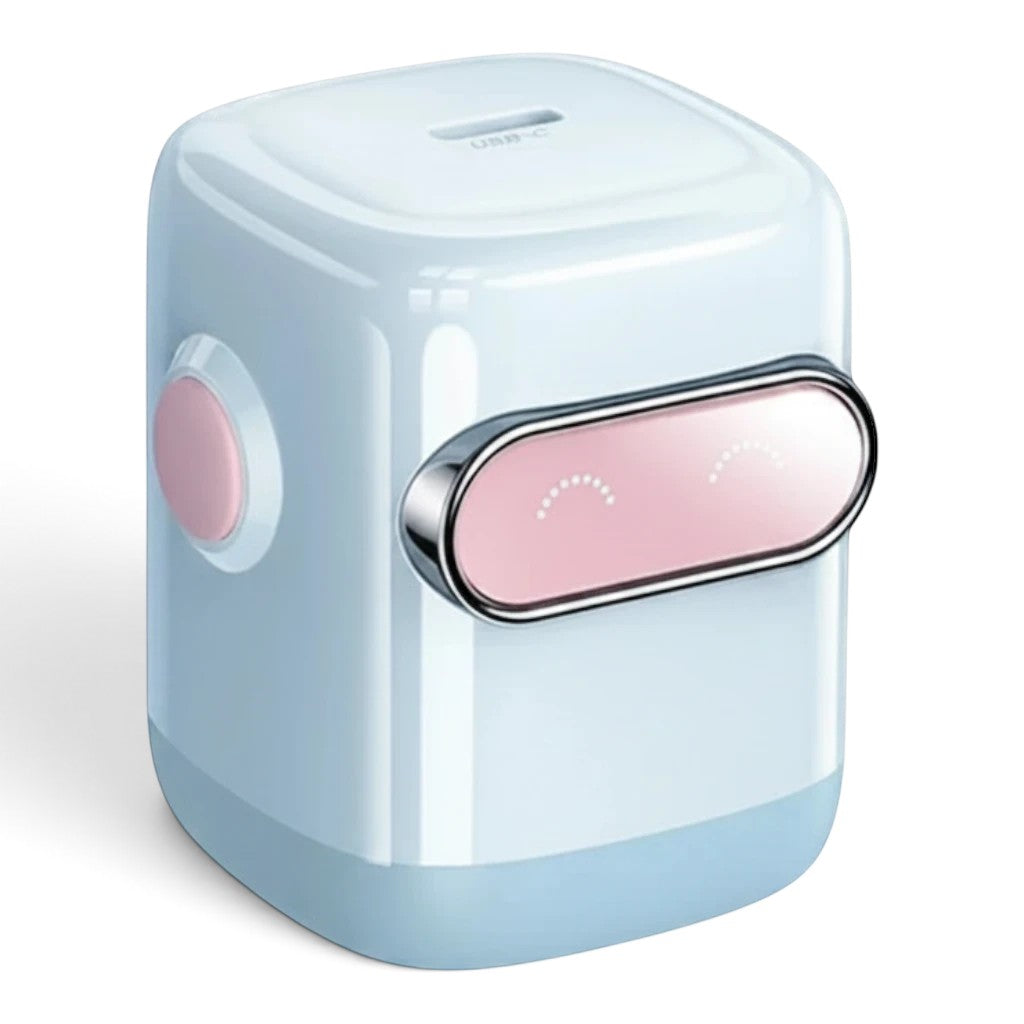zero2cart 30W GaN USB-C fast charger in a cute robot-inspired white and pink design for compact travel charging.
